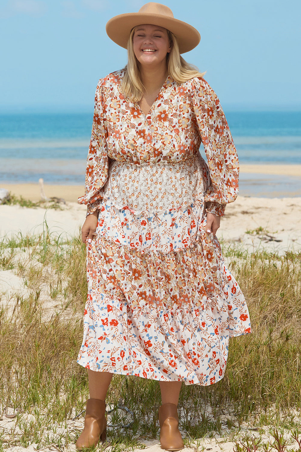 Khaki Floral Tiered Ruffle Maxi Dress in CURVY SIZE ONLY