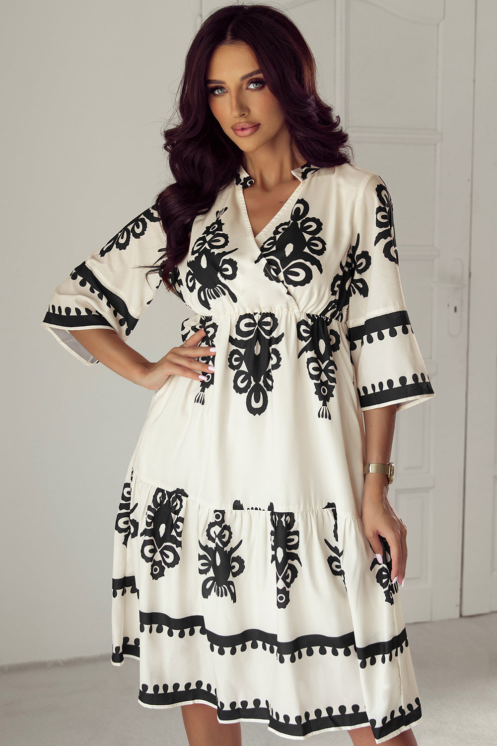 Western Geometric Print 3/4 Sleeve Loose Midi Dress