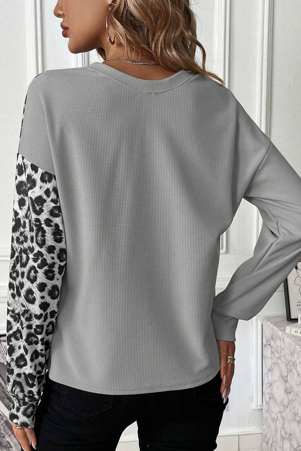 Leopard Color Block Waffle Knit Top in Light Grey