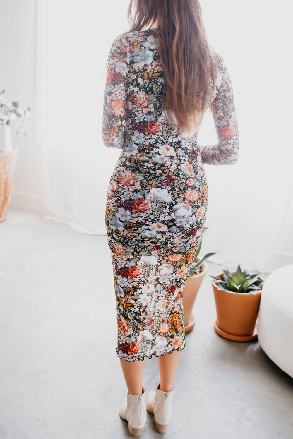 Brown Floral Mock Neck Bodycon Long Sleeve Midi Dress