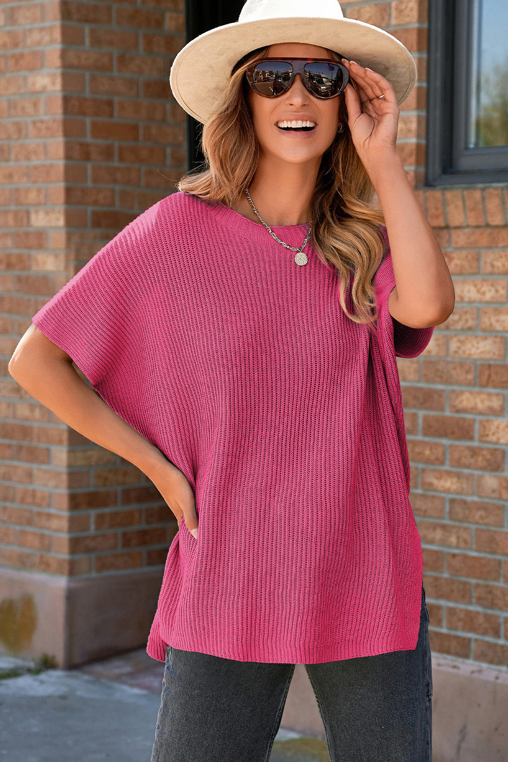 Short Sleeve Side Slit Oversized Sweater