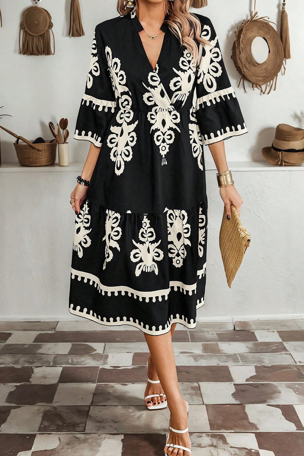 Western Geometric Print 3/4 Sleeve Loose Midi Dress