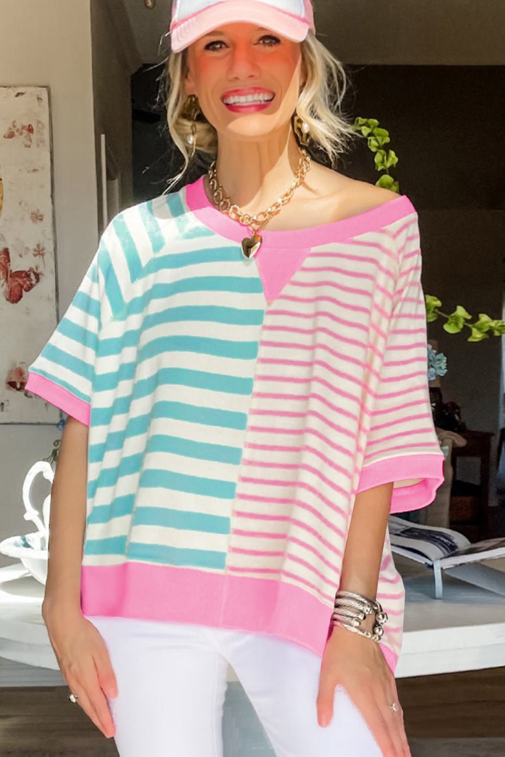 Stripe Contrast Patchwork Oversized T Shirt