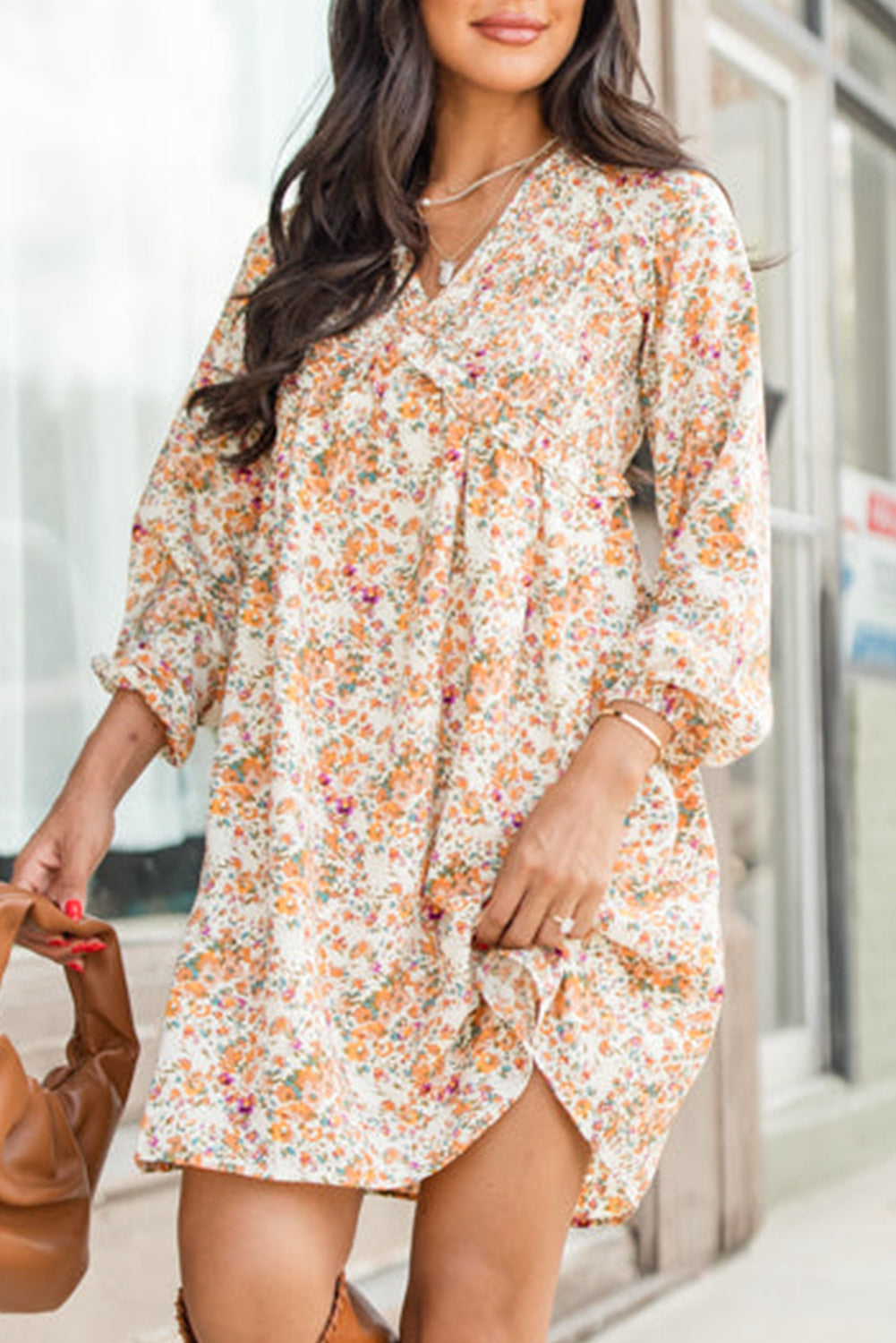  Yellow Boho Floral Long Sleeve Mini Dress