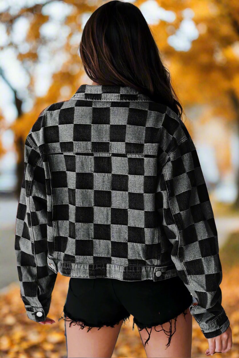 Checkered Patchwork Button up Denim Jacket