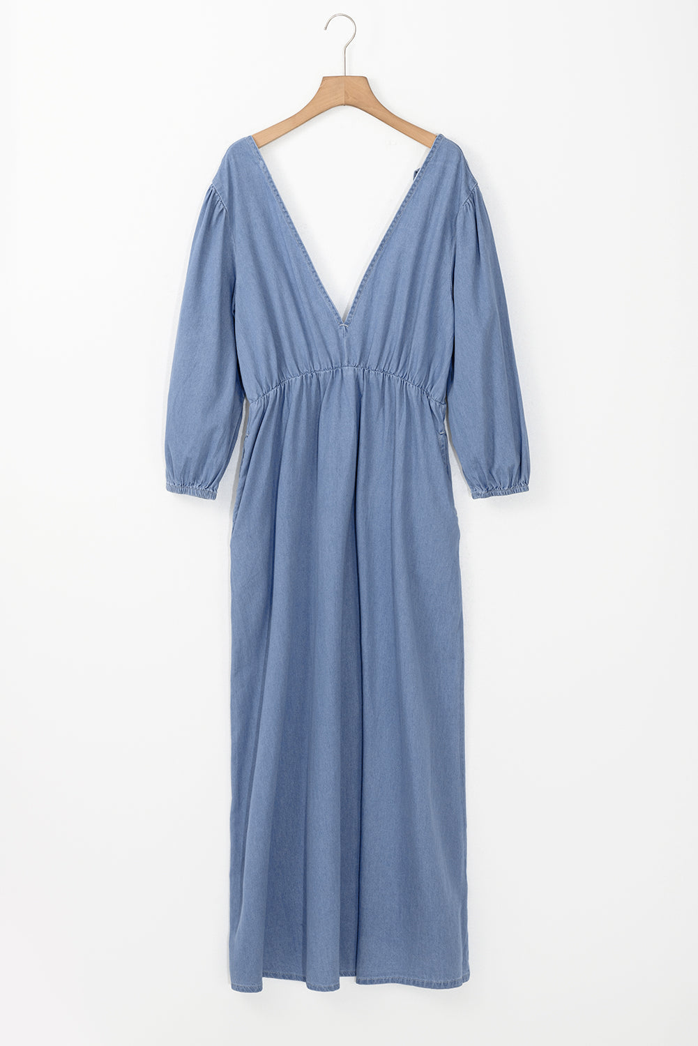 Chambray Deep V Neck Bracelet Sleeve Maxi Dress