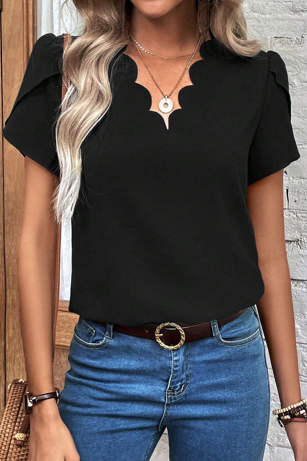 Black Scalloped V-Neck Petal Sleeve Top