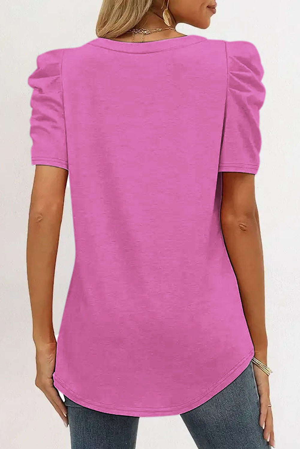 Fiona Puff Sleeve V-Neck T-Shirt in Rose