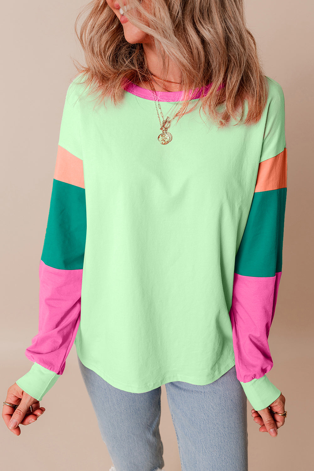 Color Block Patchwork Long Sleeve Loose Top