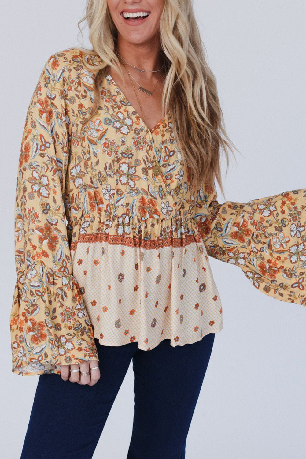 Yellow Floral Bell Sleeve V Neck Peplum Blouse