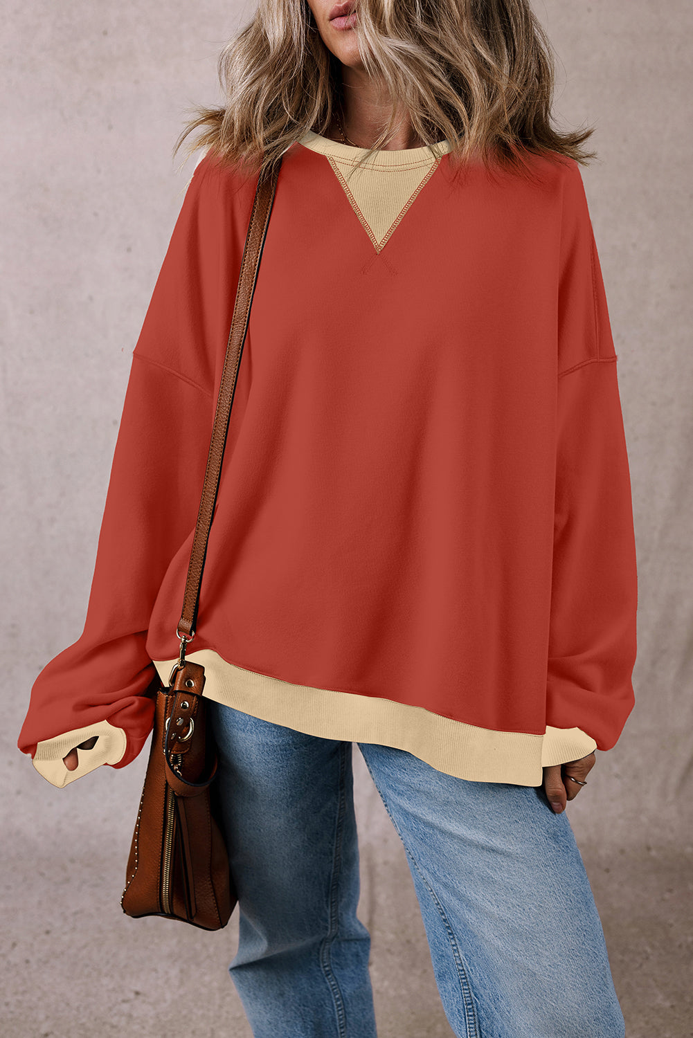 Oversized Sweatshirt Color Block Patch Drop Shoulder