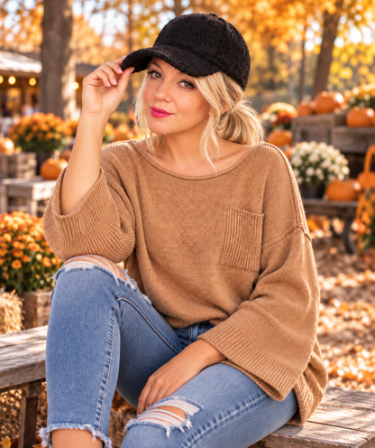 black sherpa baseball hat sold at arnone boutique