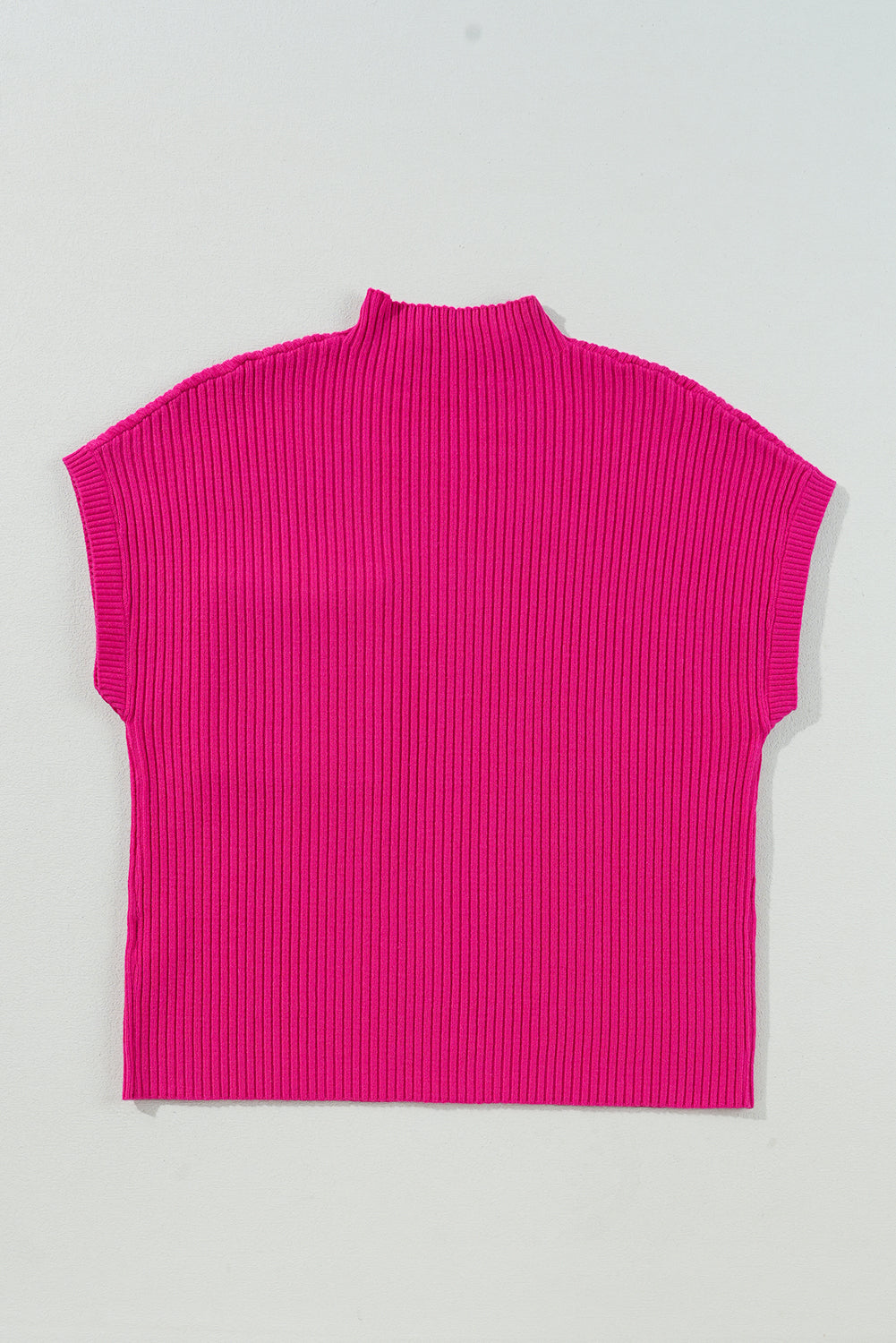 Rose Red Ribbed Knit Short Sleeve Sweater