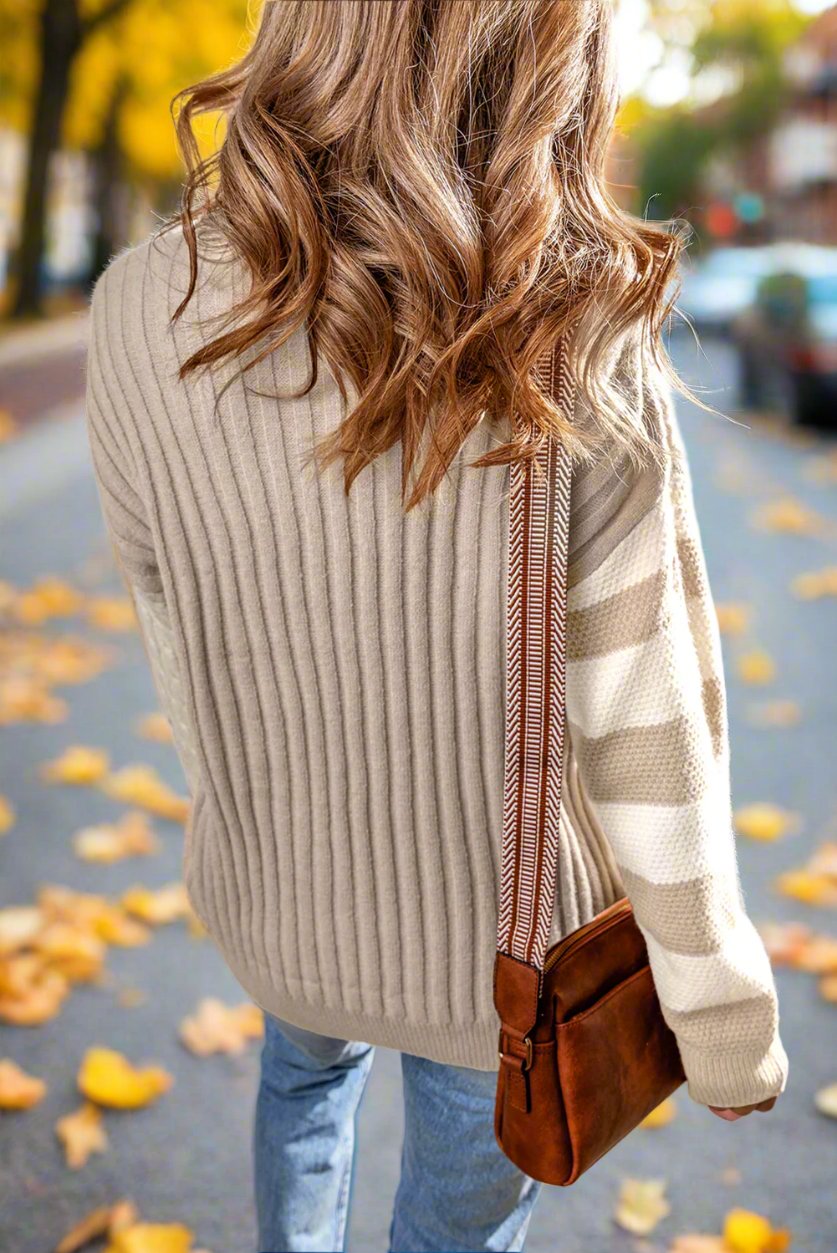 Khaki Cable KnitCrew Neck Drop Shoulder Sweater