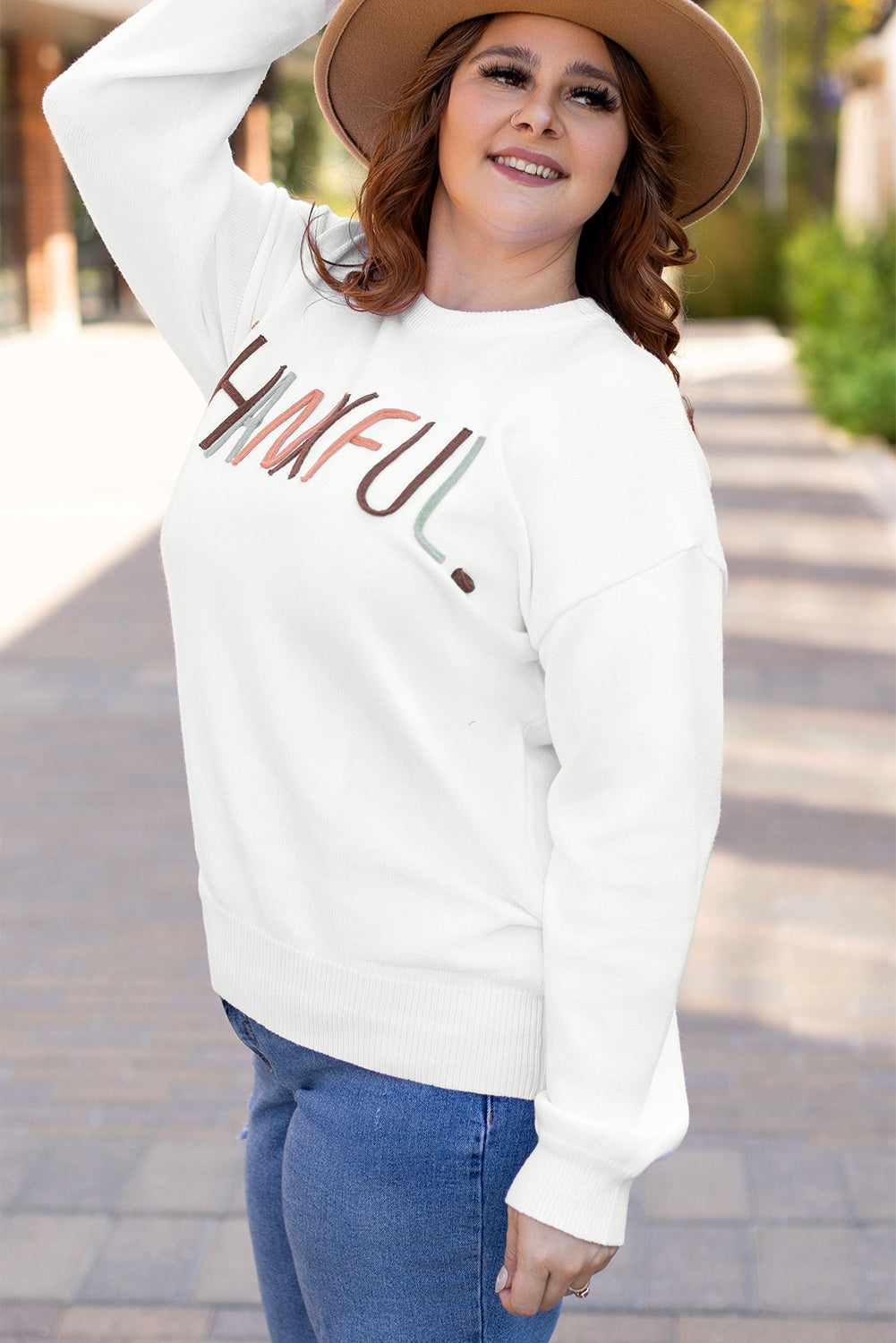 White Thankful Embroidered Sweater in CURVY SIZE ONLY