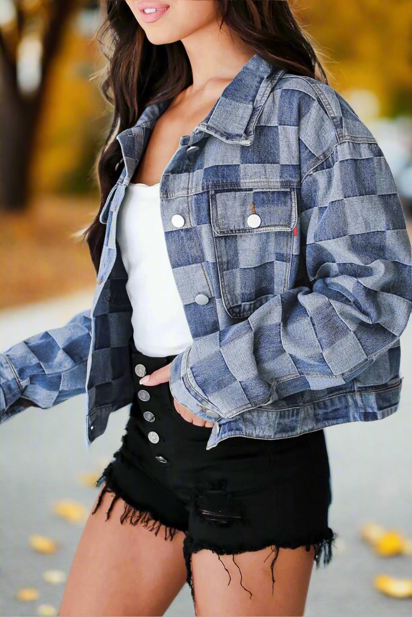 Checkered Patchwork Button up Denim Jacket