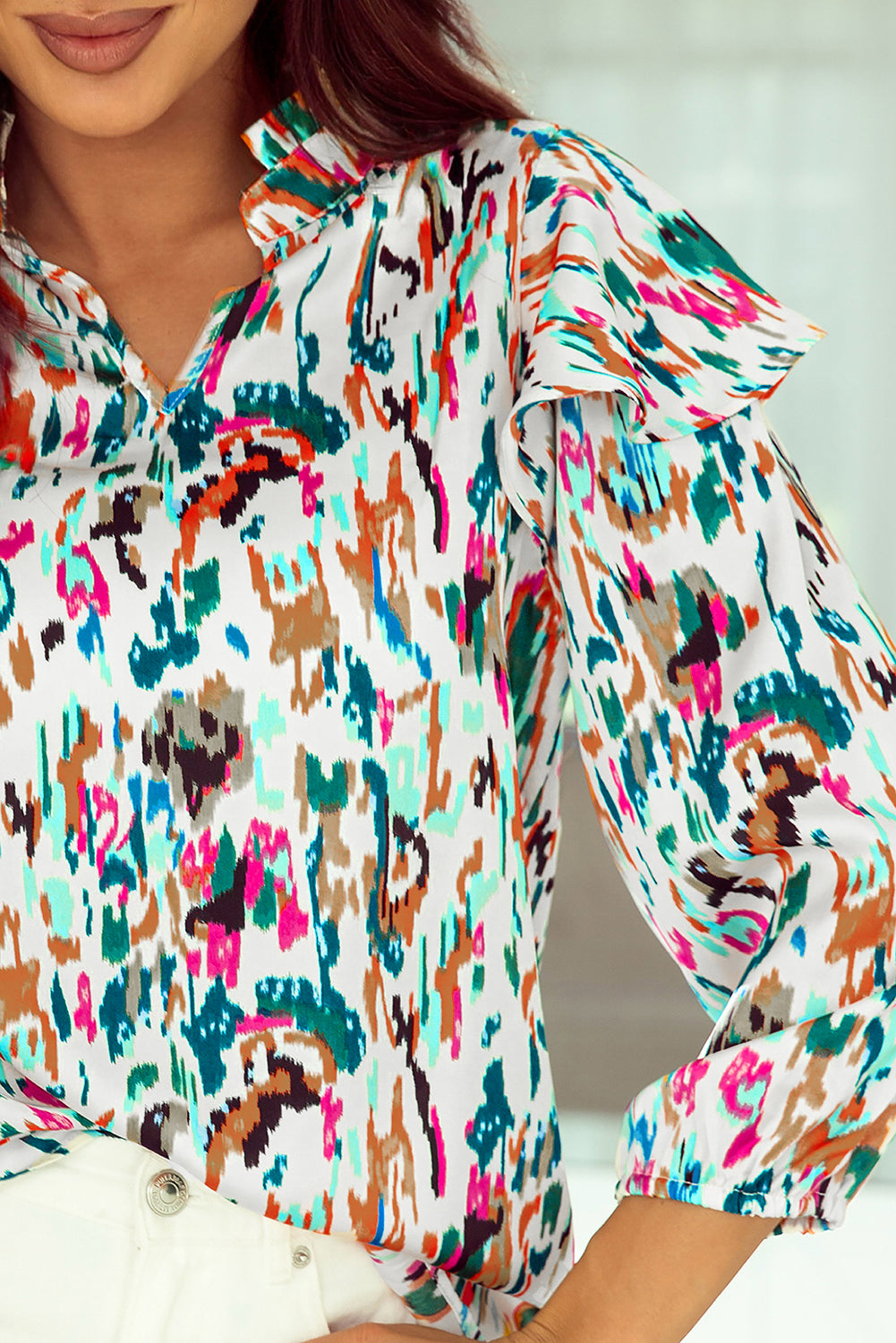 Multicolor Abstract Print 3/4 Puff Sleeve Ruffle Blouse in Teal Multicolor