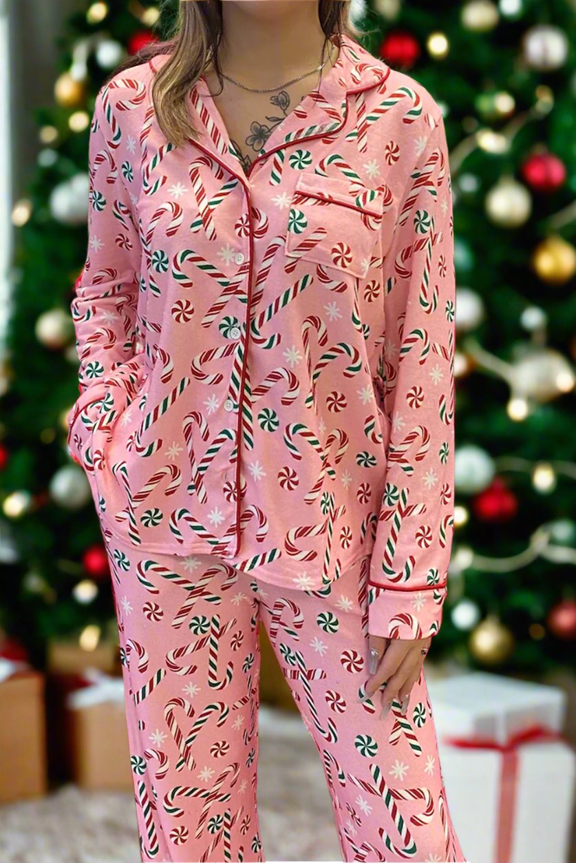 Pink Christmas Candy Cane Two Piece Pajamas Set