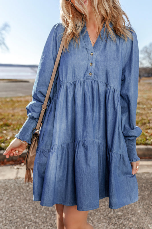 Smocked Cuff Buttoned Tiered Denim Mini Dress