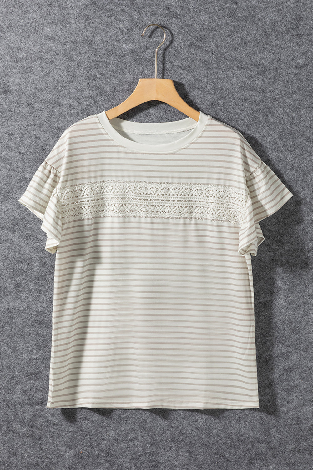 Striped Tee with Lace Splicing & Ruffle Sleeve
