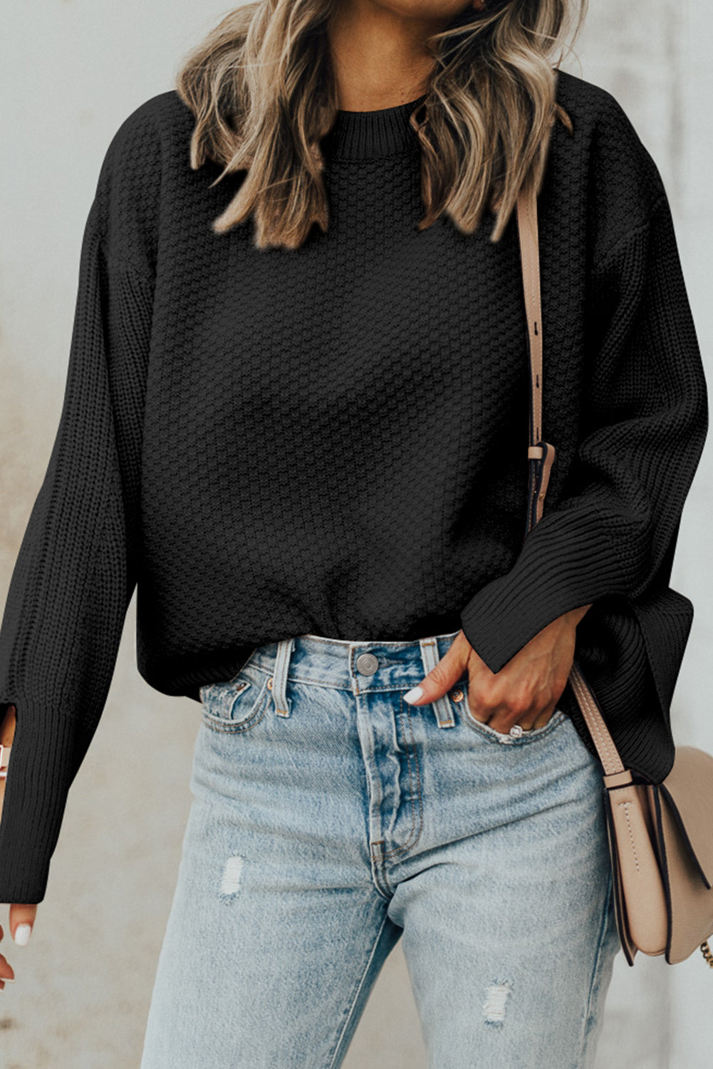 Solid Textured Knit Split Cuff Drop Shoulder Loose Sweater