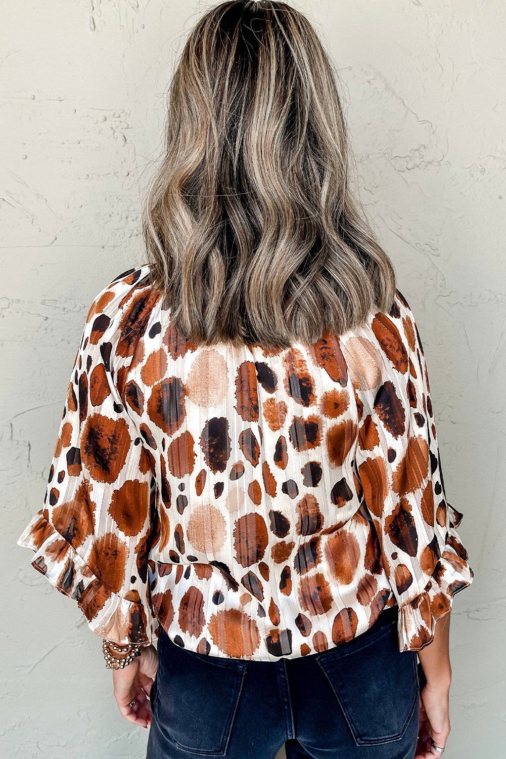 Brown Metallic Pleated Abstract Printed Ruffled 3/4 Sleeve Blouse