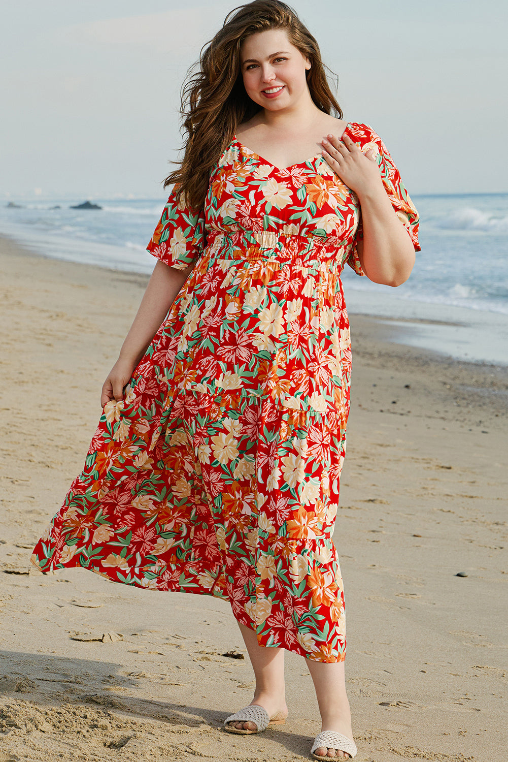 Orange Floral V Neck Flutter Sleeve Dress in CURVY SIZE ONLY