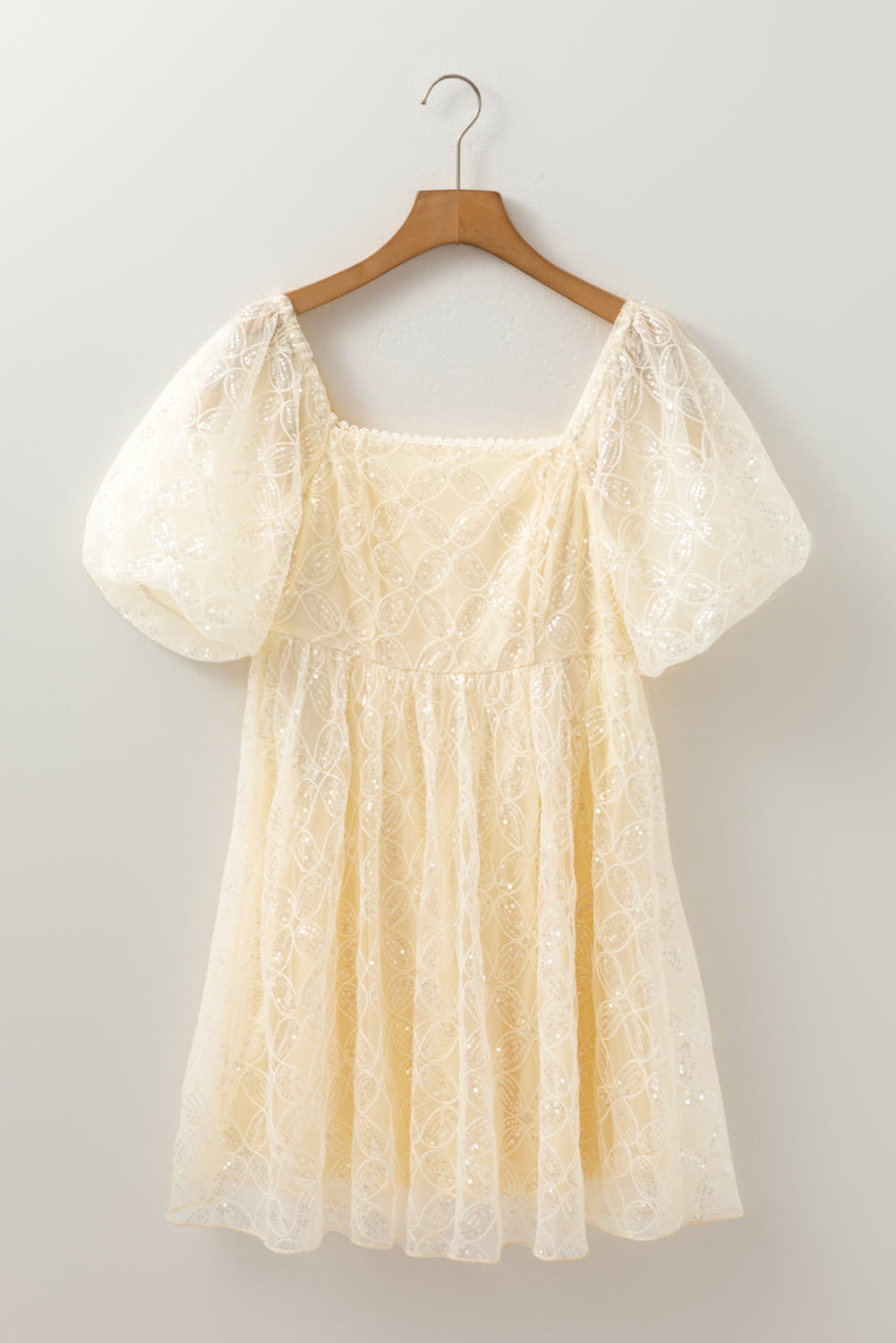 Apricot Sequined Lace Mesh Bubble Sleeve Dress