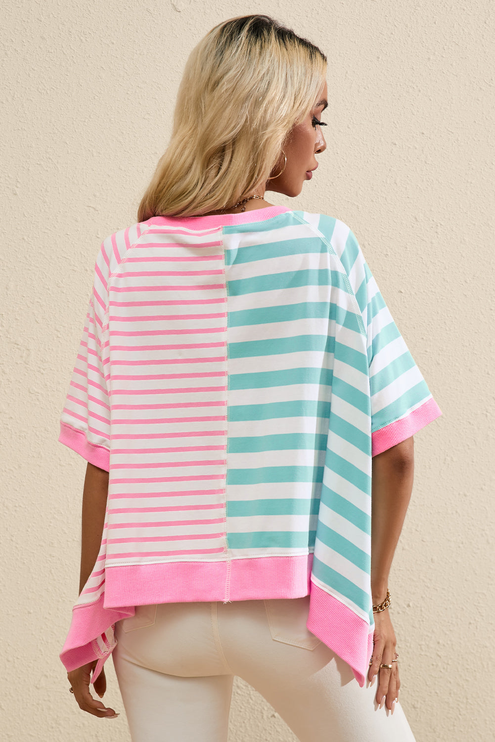 Blue Stripe Contrast Patchwork Oversized T Shirt