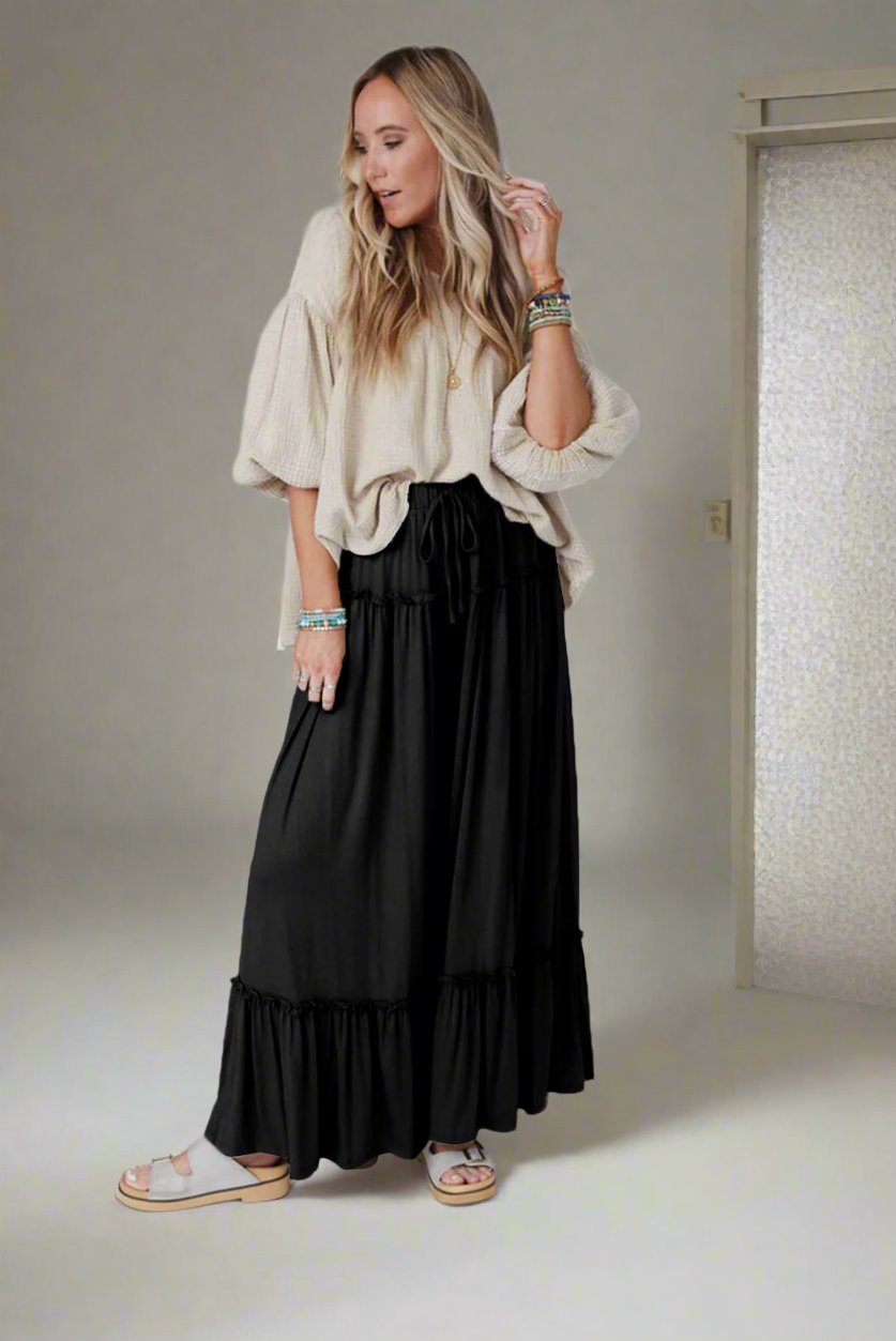 Frilled Drawstring High Waist Wide Leg Pants