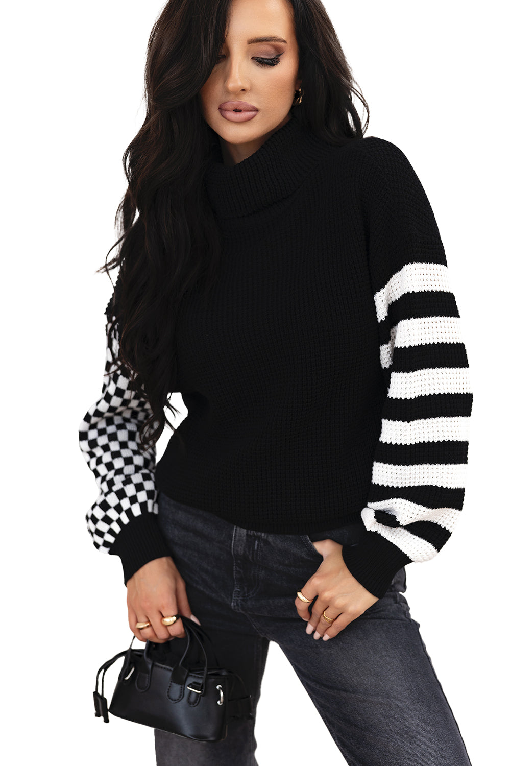 Striped Plaid Patchwork Waffle Knit Turtleneck Sweater