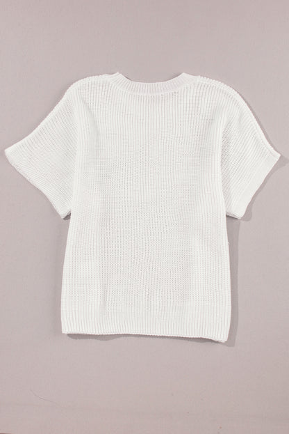 Flower Embroidery Short Sleeve Sweater in white