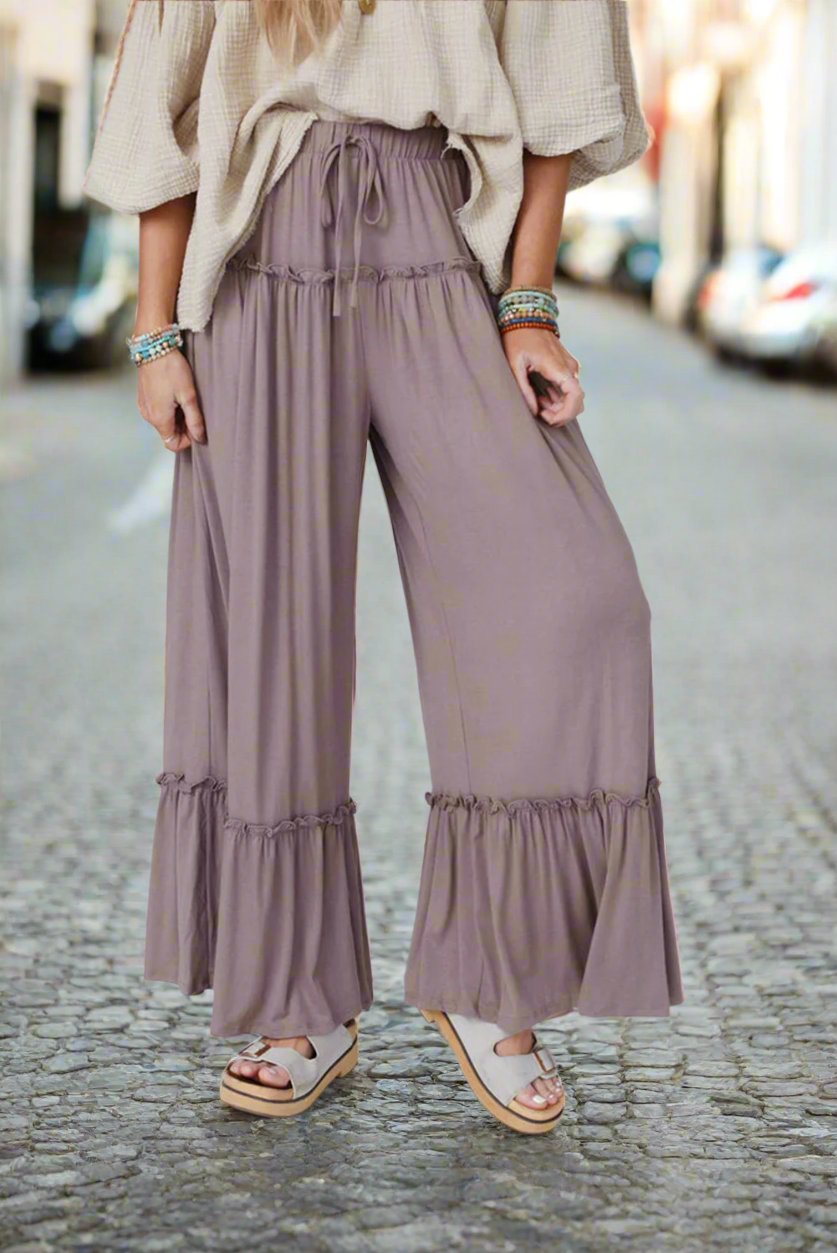 Frilled Drawstring High Waist Wide Leg Pants