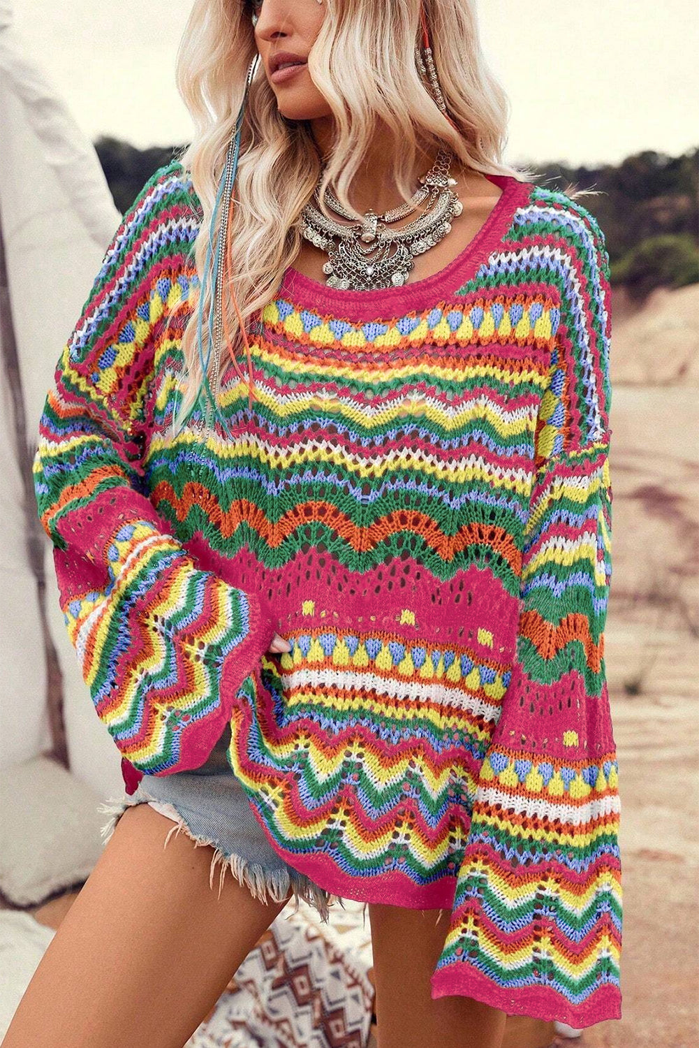 Rose Red Striped Hollowed Knit Loose Sleeve Sweater