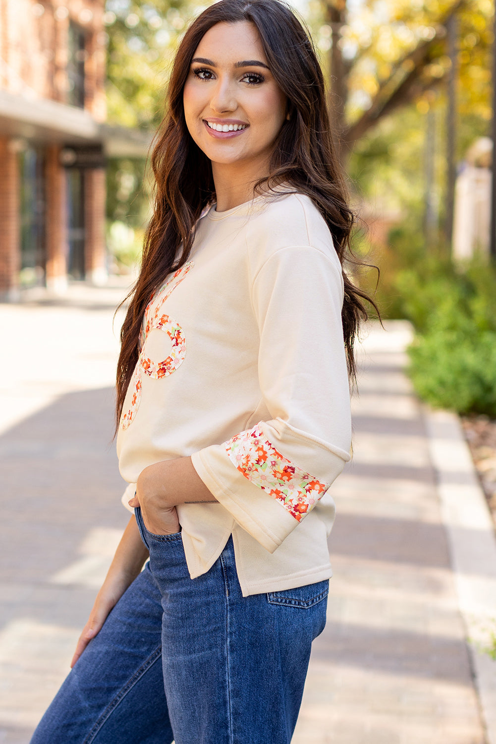 Beige Flower Patch Graphic Exposed Seam Wide Sleeve Top