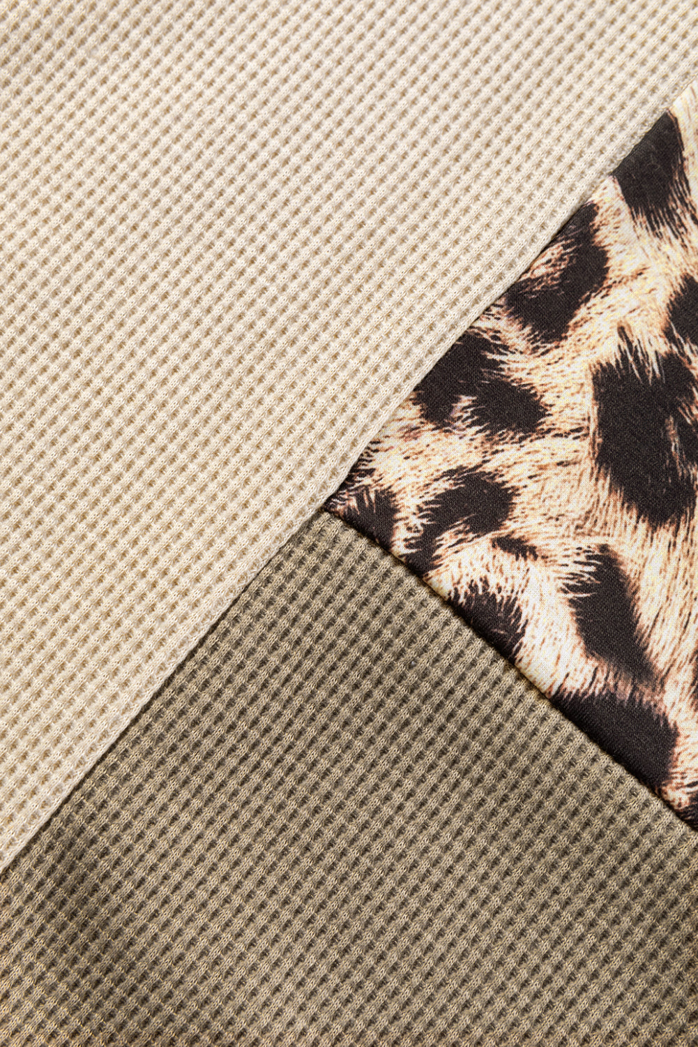 Leopard Color Block Waffle Knit Top in Pale Khaki