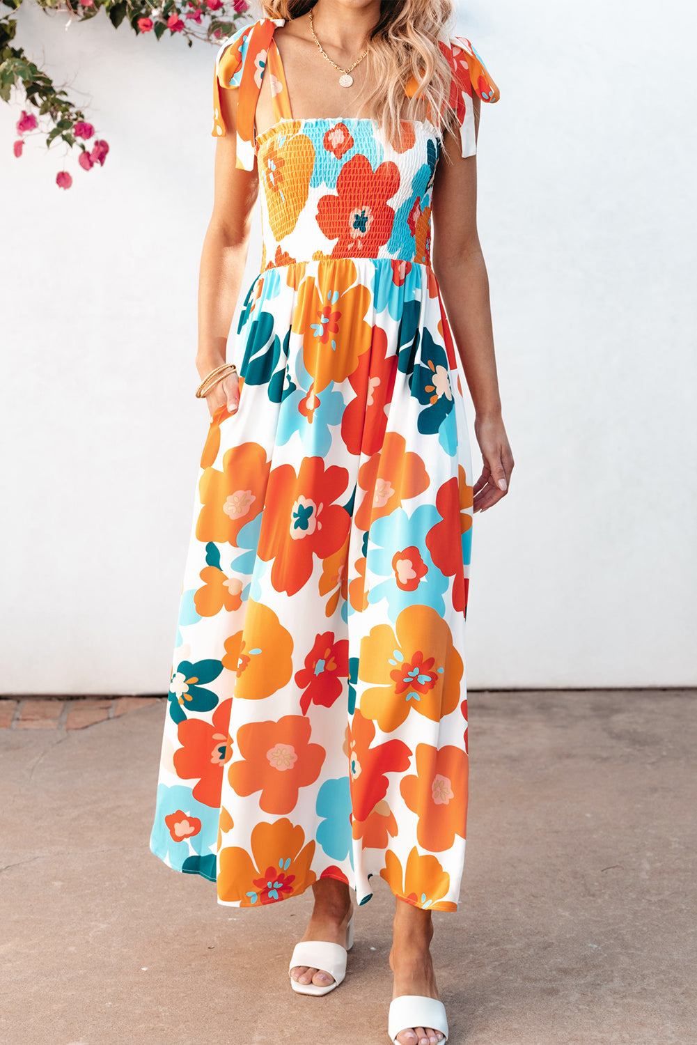 Orange Floral Self Tied Straps Smocked Bust Maxi Dress