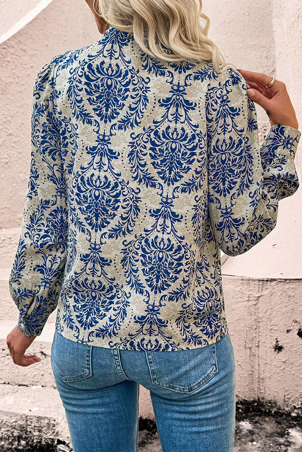 Sky Blue Bohemian Printed Bishop Sleeve Lace Blouse