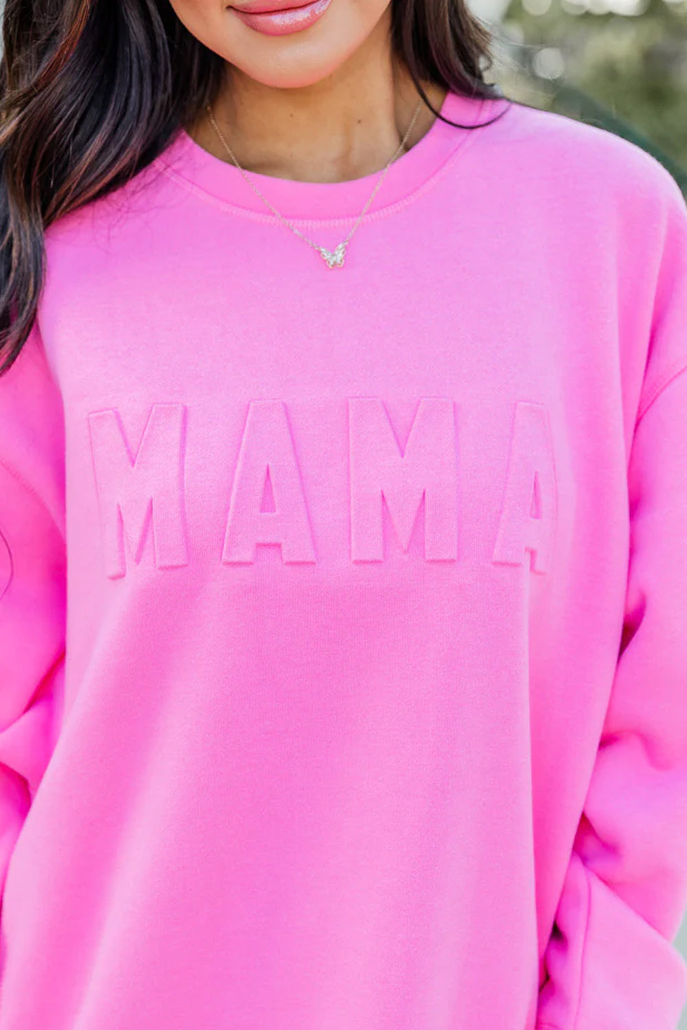 Bright Pink MAMA  Letter Embossed Casual Sweatshirt