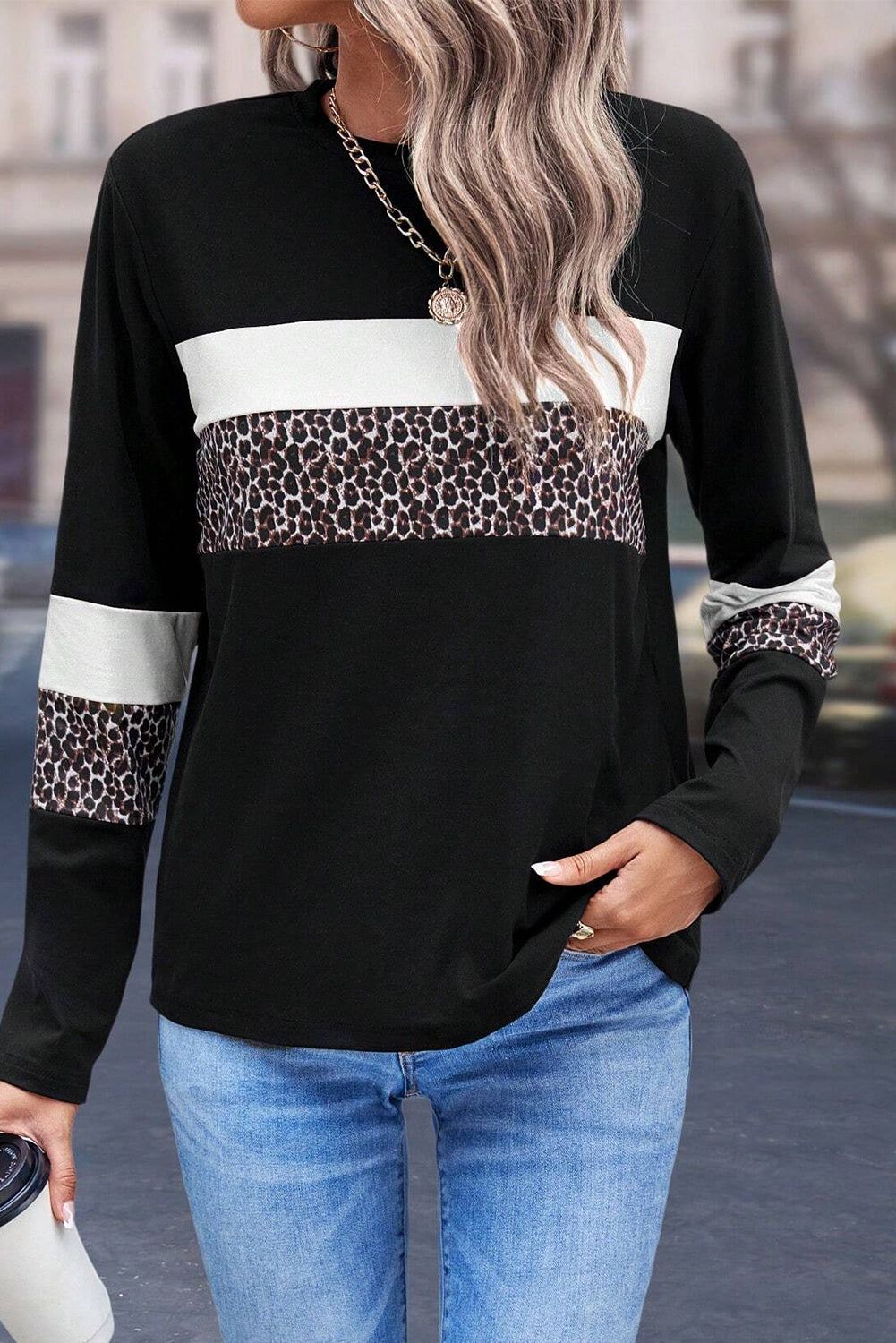 Leopard Color Block Patchwork Long Sleeve Top