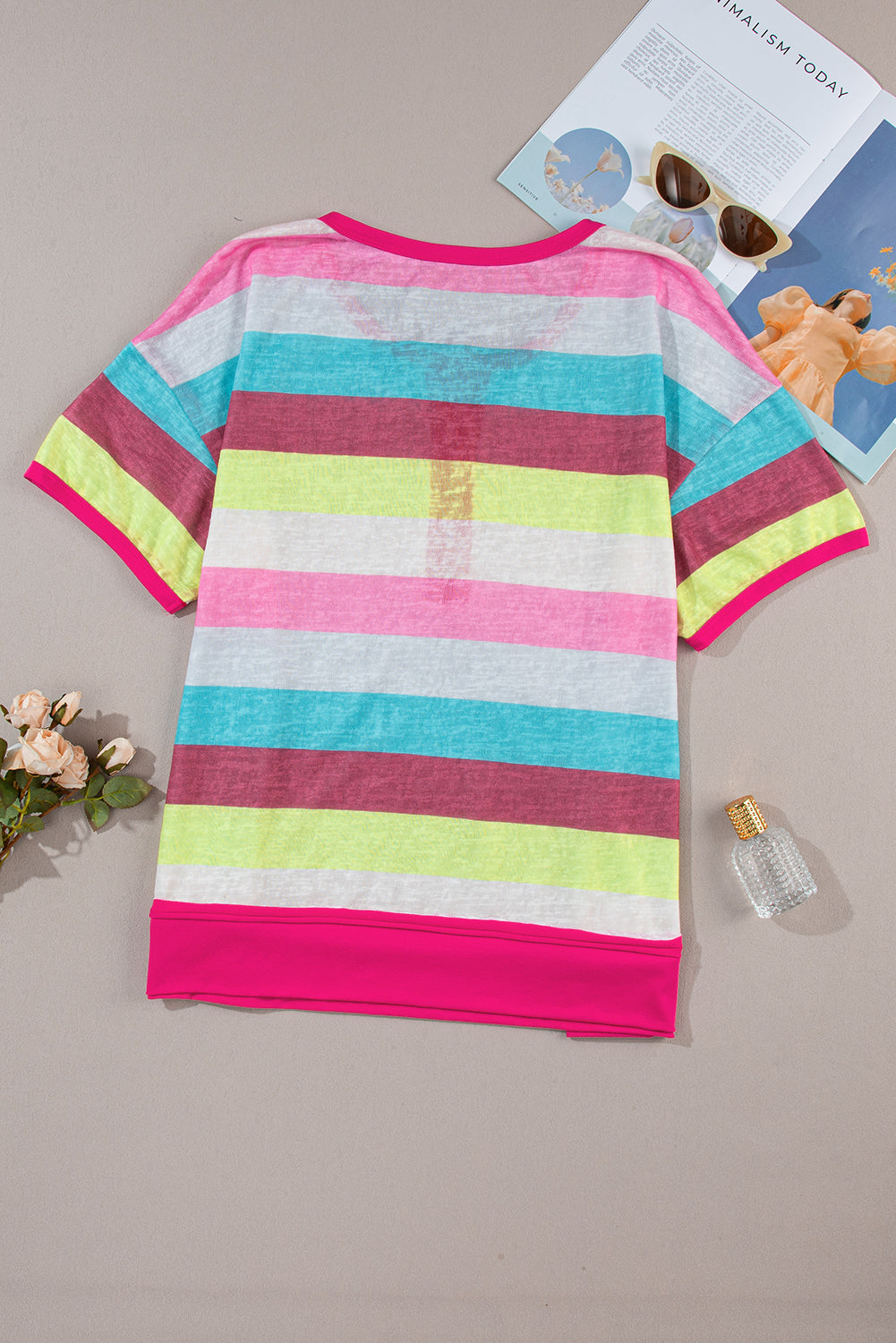 Rose Stripe Textured Knit Short Sleeve Henley Top in Curvy Size Only