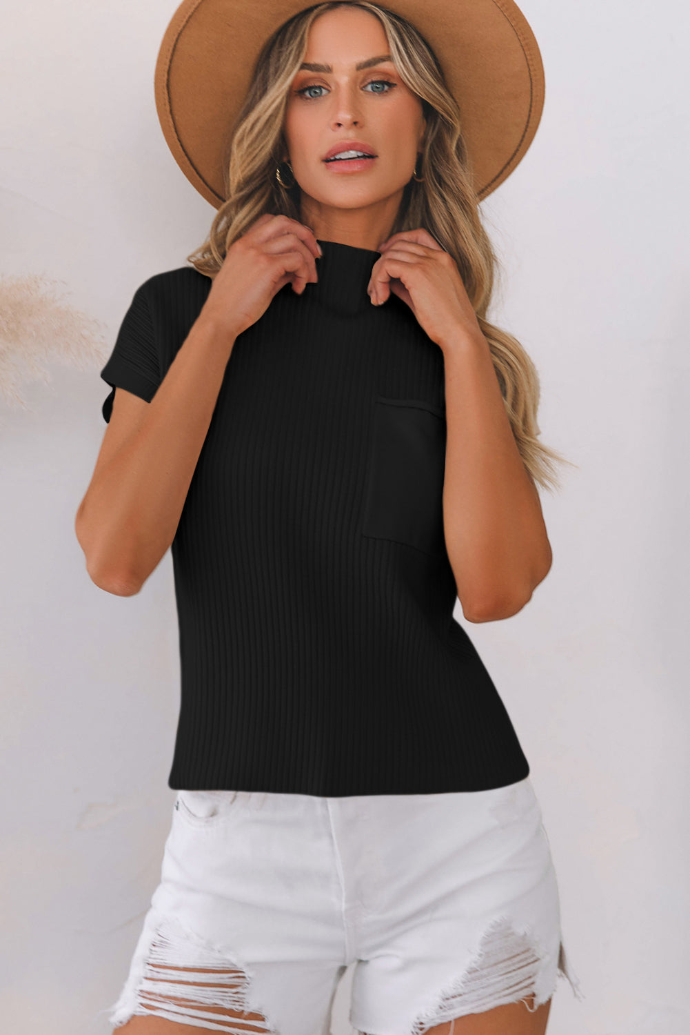 Patch Pocket Ribbed Knit Short Sleeve Sweater