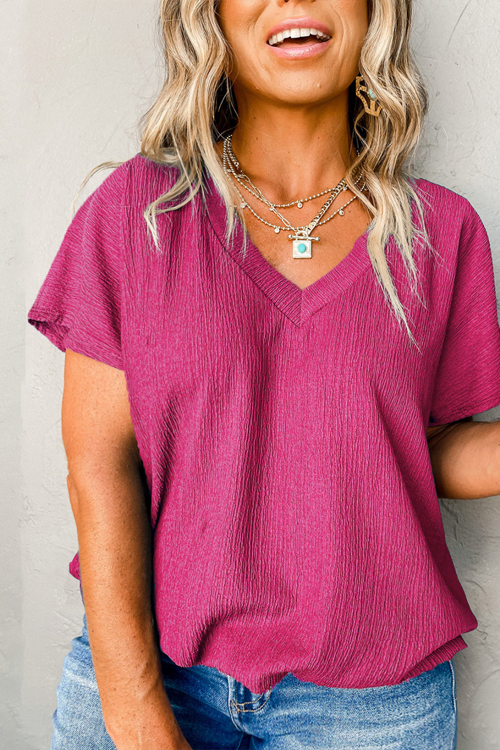 Textured V Neck Bubble Hem Top Only in Curvy Sizes