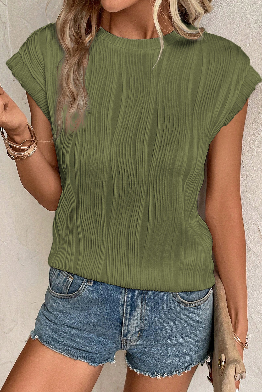 Wavy Texture Cap Sleeve Top in Jungle Green