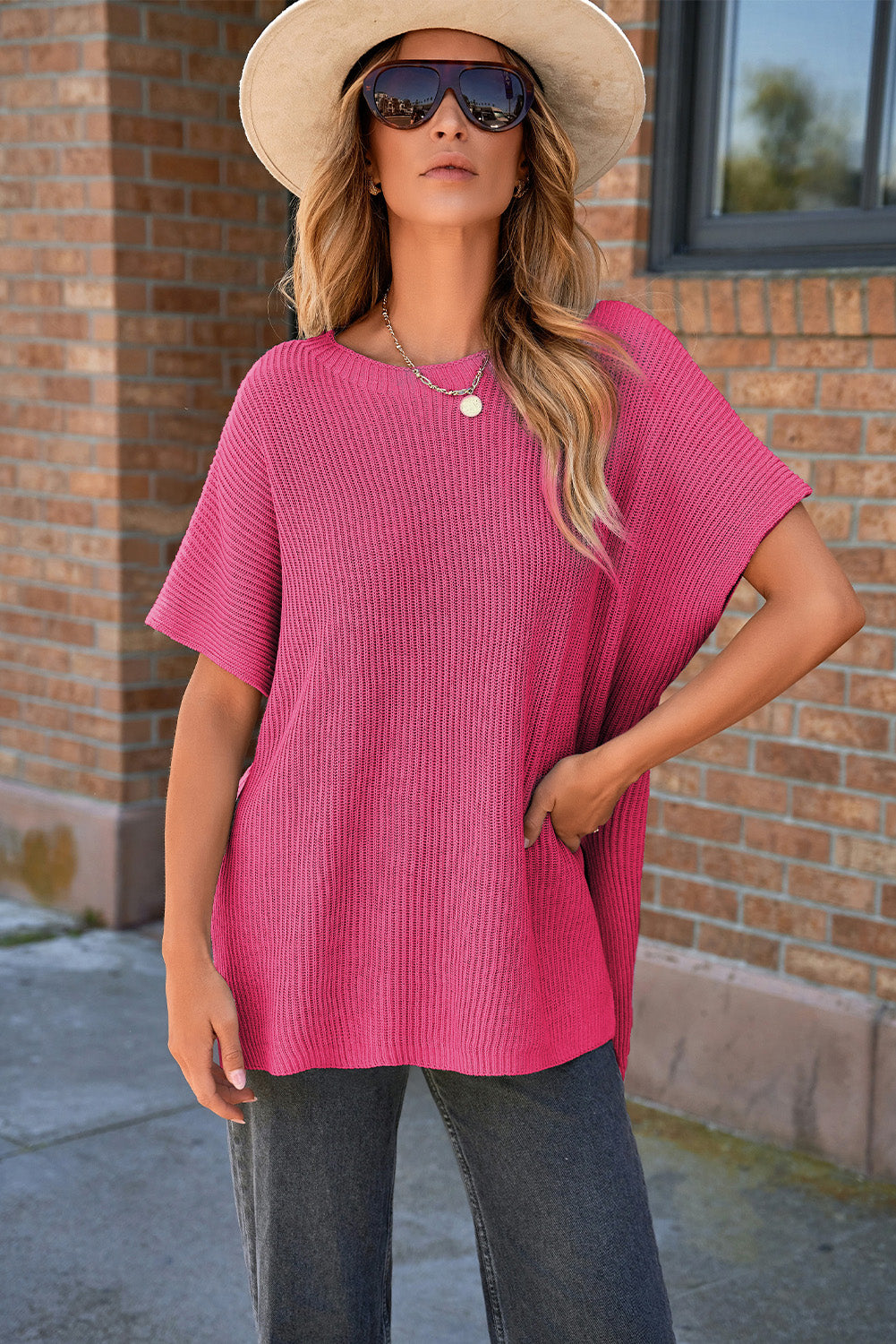 Short Sleeve Side Slit Oversized Sweater