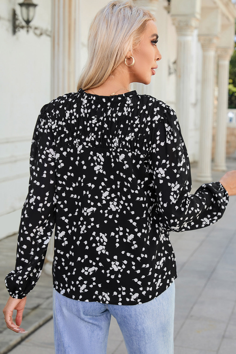 V-Neck Printed Crinkled Long Sleeve Blouse in Black