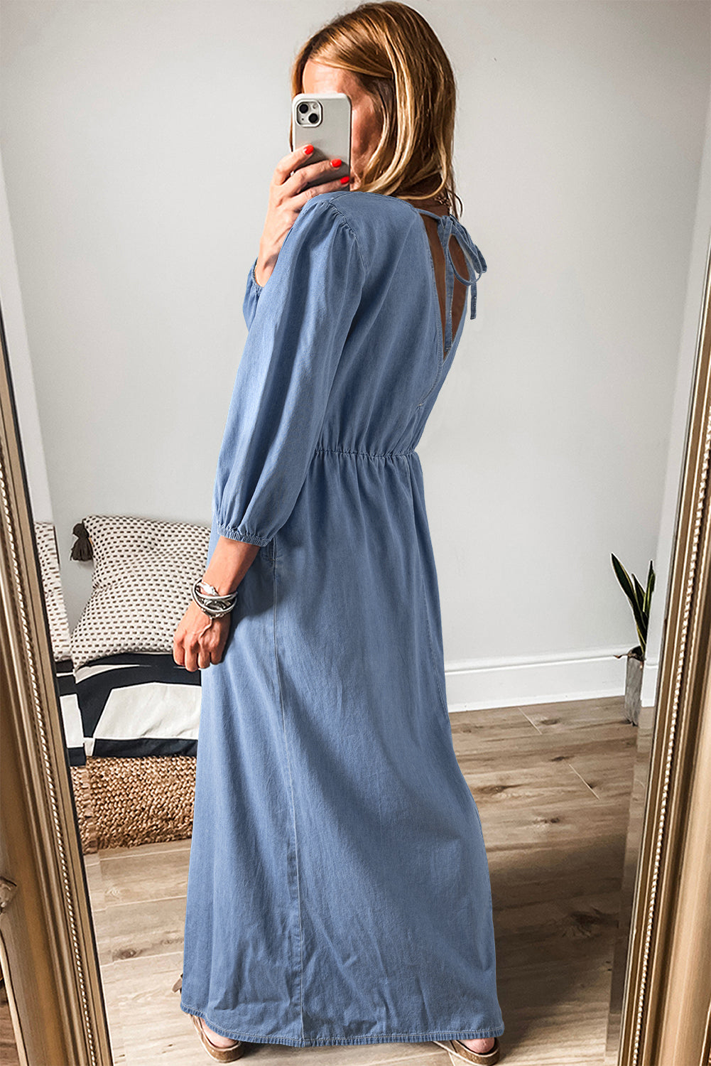 Chambray Deep V Neck Bracelet Sleeve Maxi Dress