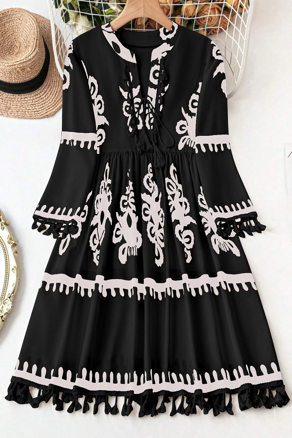 Black Western Floral Print Fringed V Neck Dress in CURVY SIZE ONLY