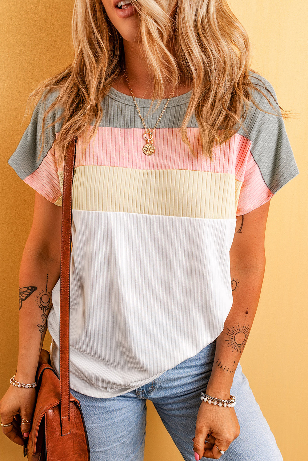 Moonlight Jade Ribbed Color Block Patchwork T-shirt