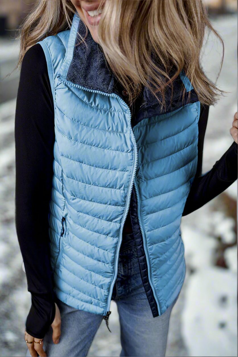 Sky Blue Plush Collared Quilted Zipped Puffer Vest